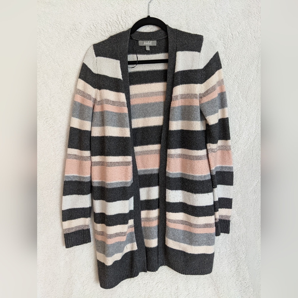 Marled Striped Cardigan Sweater, Medium, Knit Texture, Pink, Grey, White Stripes